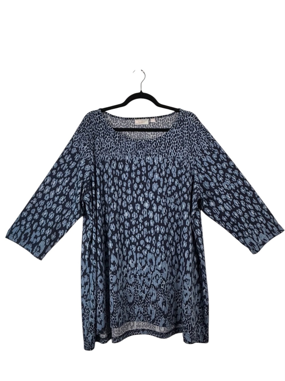 Belle by Kim Gravel Navy Light Blue Leopard Print Tunic Scoop Neck 3/4 Sleeve